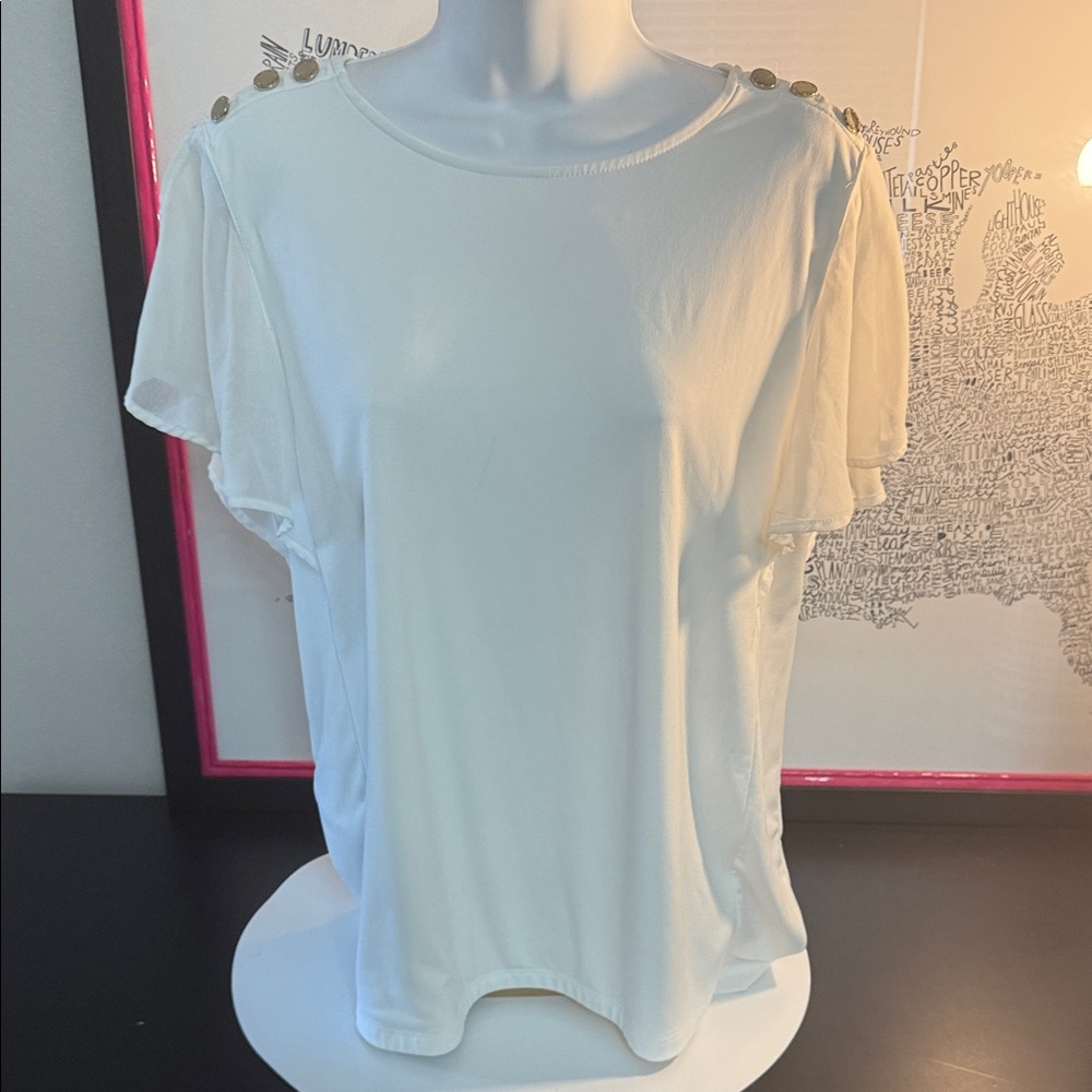 Calvin Klein White Short Sleeve Top with Button Accents EUC